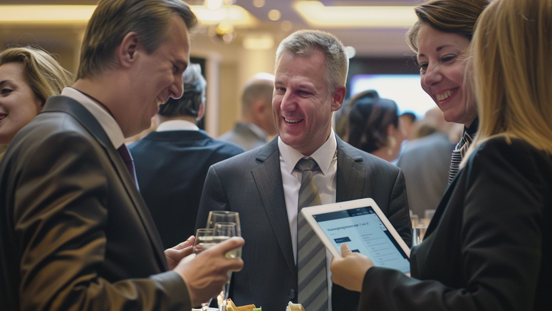 A group of professionally dressed adults smile and converse at a networking event, holding drinks and a tablet. The atmosphere is lively, with people socializing in the background under warm lighting.