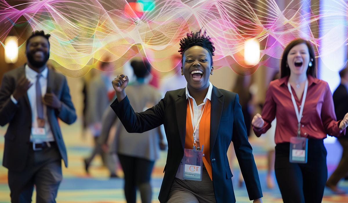 Three enthusiastic professionals wearing badges laugh and cheer as they walk indoors, colorful abstract waves floating above them, suggesting energy, excitement, and a vibrant atmosphere at a conference or event.