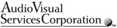 The logo for Audio Visual Services Corporation features the company name in black text with a small globe graphic near the bottom right corner.