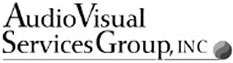 Logo for Audio Visual Services Group, Inc., featuring the company name in black text with a small gray globe icon on the lower right.