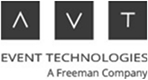 Logo for AVT Event Technologies, a Freeman Company. The logo features three black squares with white letters: “A,” “V,” and “T.” The text “EVENT TECHNOLOGIES A Freeman Company” is below the squares.