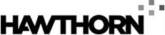 The image shows the word HAWTHORN in bold black capital letters, with four small grey squares arranged in a cross pattern above and to the right of the word.
