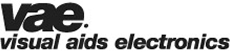 Logo displaying the bold letters vae. above the words visual aids electronics in lowercase, black text on a white background.