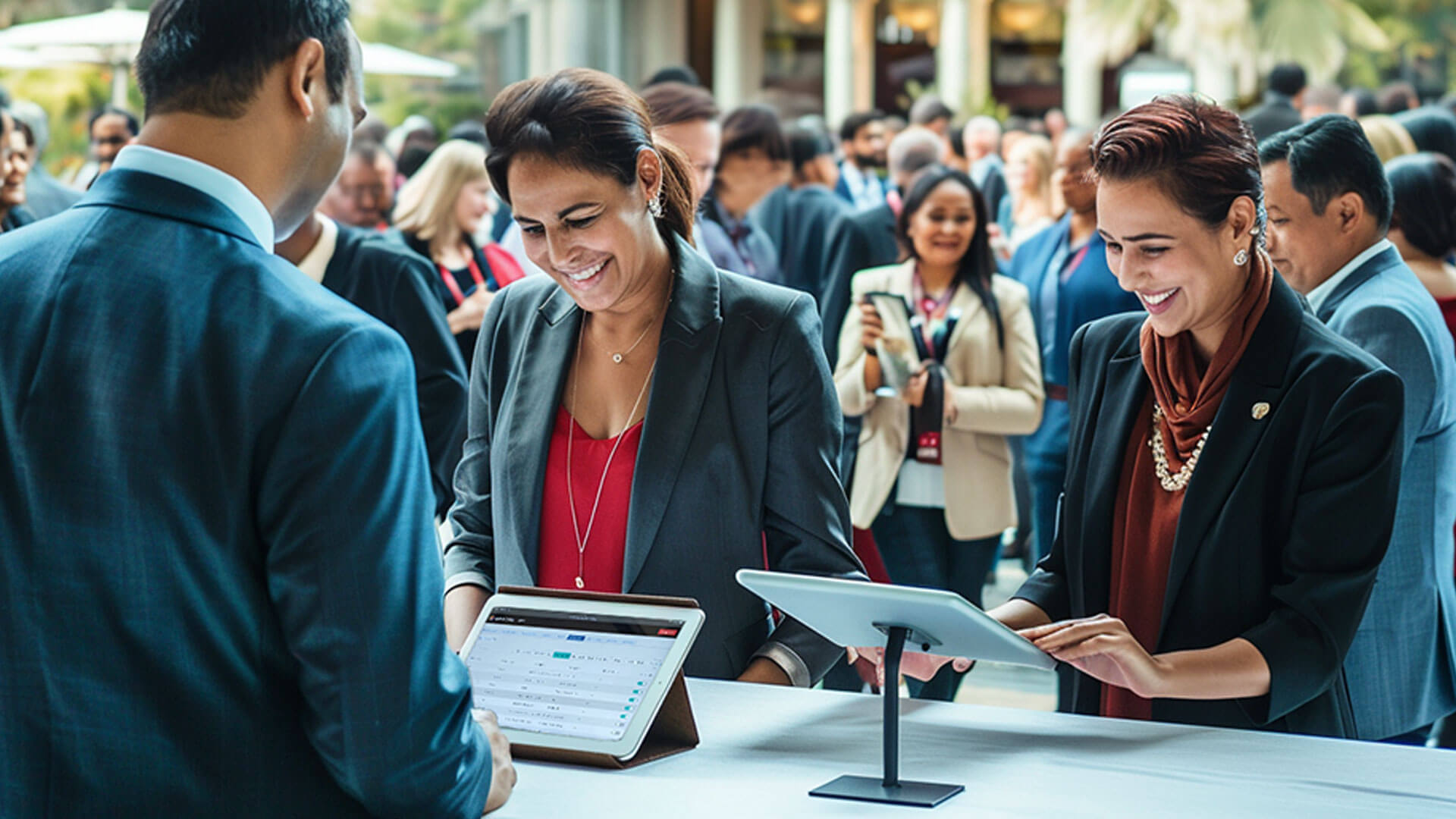 Two women in business attire smile while using tablets at a registration table during a busy outdoor corporate event, with a crowd of professionals networking in the background.