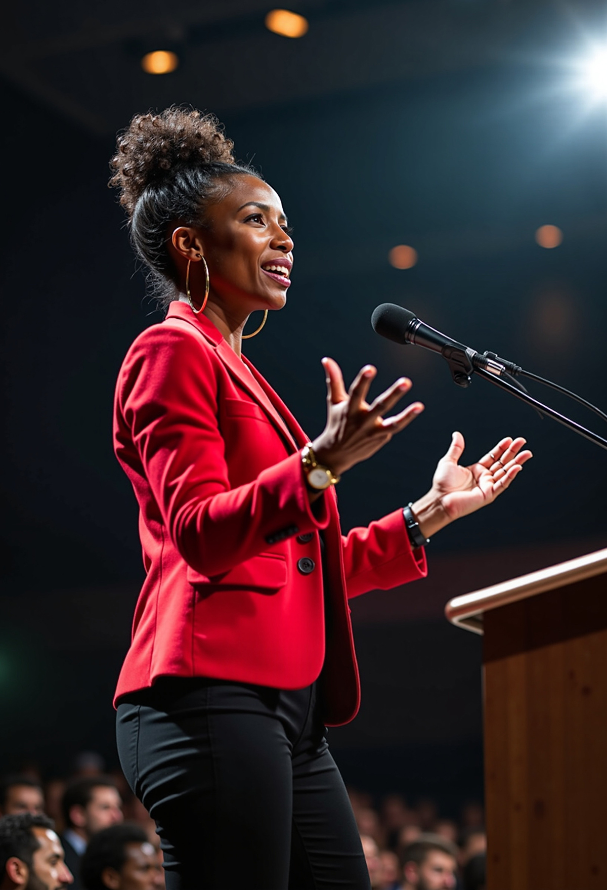 A woman in a red blazer speaks passionately at a podium, gesturing with her hands, in front of an audience in a dimly lit auditorium.