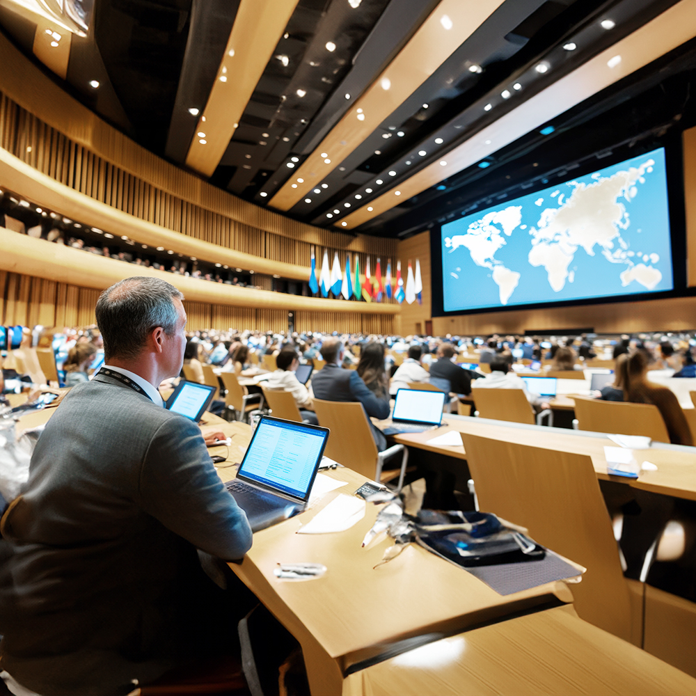 A large conference room filled with people seated at desks with laptops, facing a stage with a world map on a big screen and international flags in the background.
