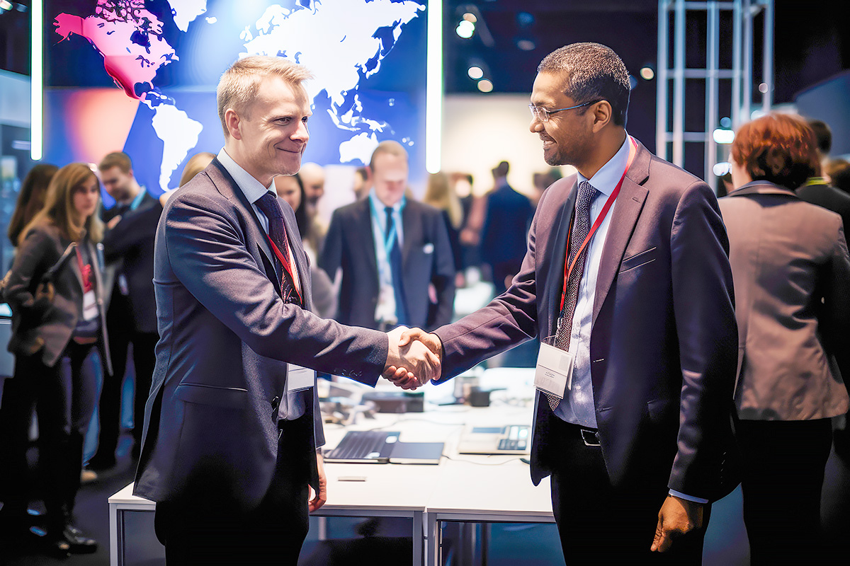 Two businessmen in suits shake hands and smile at a conference or networking event, with people and computers in the background and a large world map display behind them.