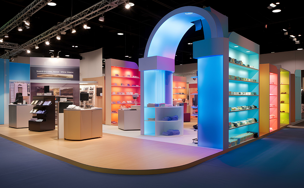 A brightly lit exhibition booth with a large illuminated archway and colorful shelves displaying neatly folded textiles, set in a spacious convention center with overhead lights.