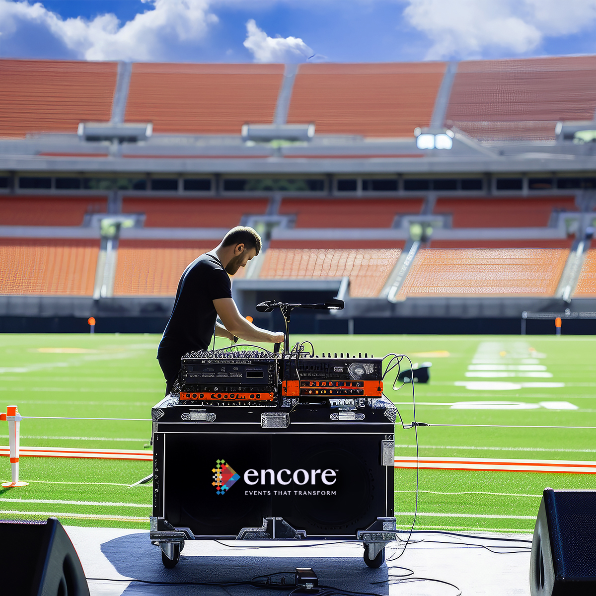 A person adjusts sound equipment on a rolling case labeled encore at the center of an empty football stadium, with bright sunlight illuminating the field and empty orange seats in the background.