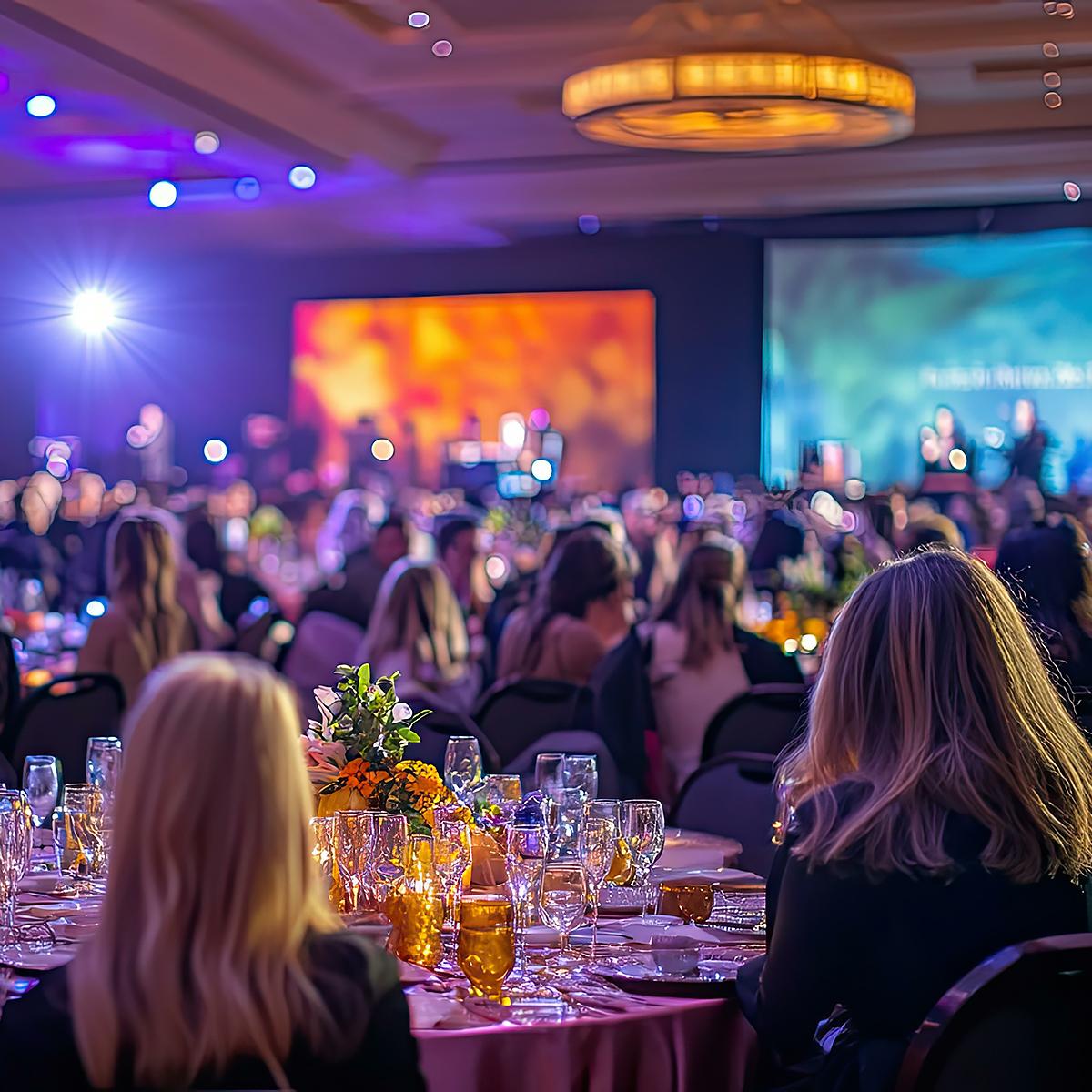 A formal event with elegantly dressed guests seated at round tables decorated with flowers and glassware, with colorful stage lighting and large screens in the background.