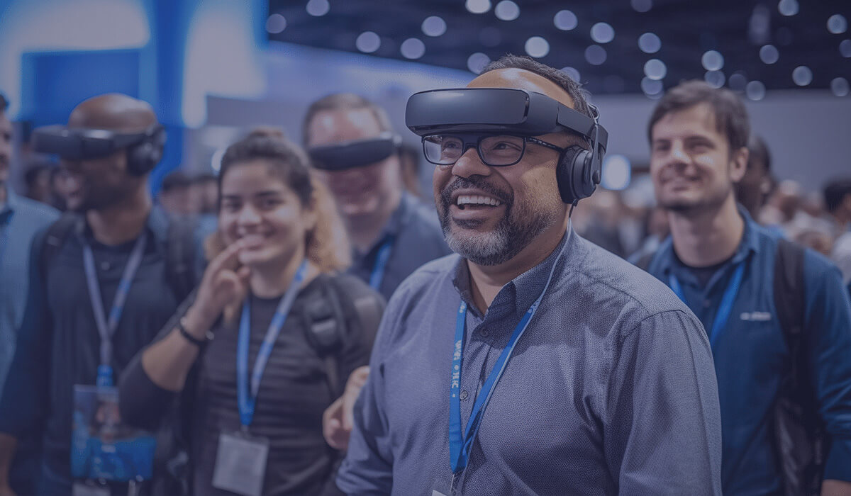 A group of people wearing virtual reality headsets and name badges smile and enjoy an interactive experience at a technology event. The background is filled with lights and more attendees.