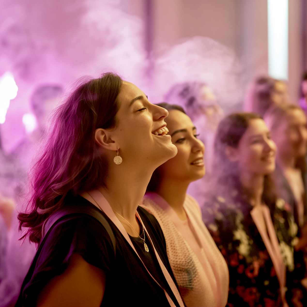 A group of young women stand smiling and looking ahead in a lively, brightly lit space with a pinkish glow and mist in the background, suggesting an energetic, joyful event or celebration.