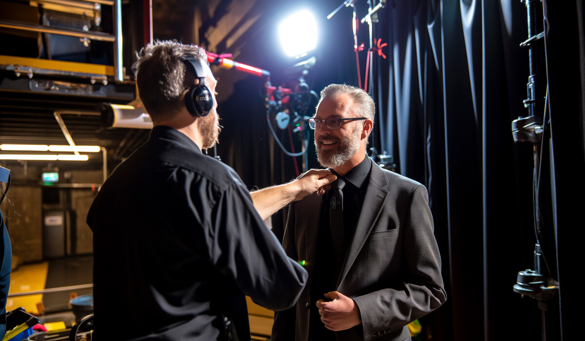 A person in a suit smiles as another person, wearing headphones, adjusts a microphone on their lapel backstage under bright lights and black stage curtains.
