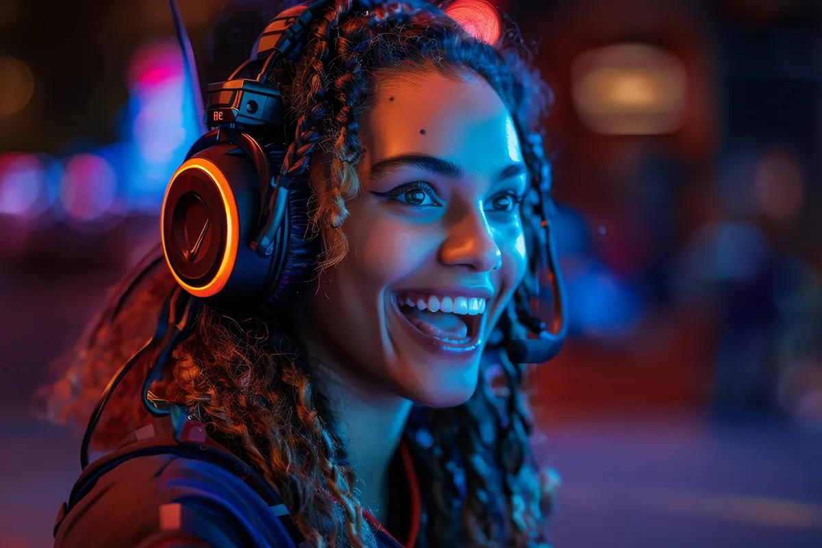 A young woman with curly hair wearing a large gaming headset smiles brightly. Neon blue and pink lights create a vibrant, energetic atmosphere in the background, capturing the excitement of event science in action.