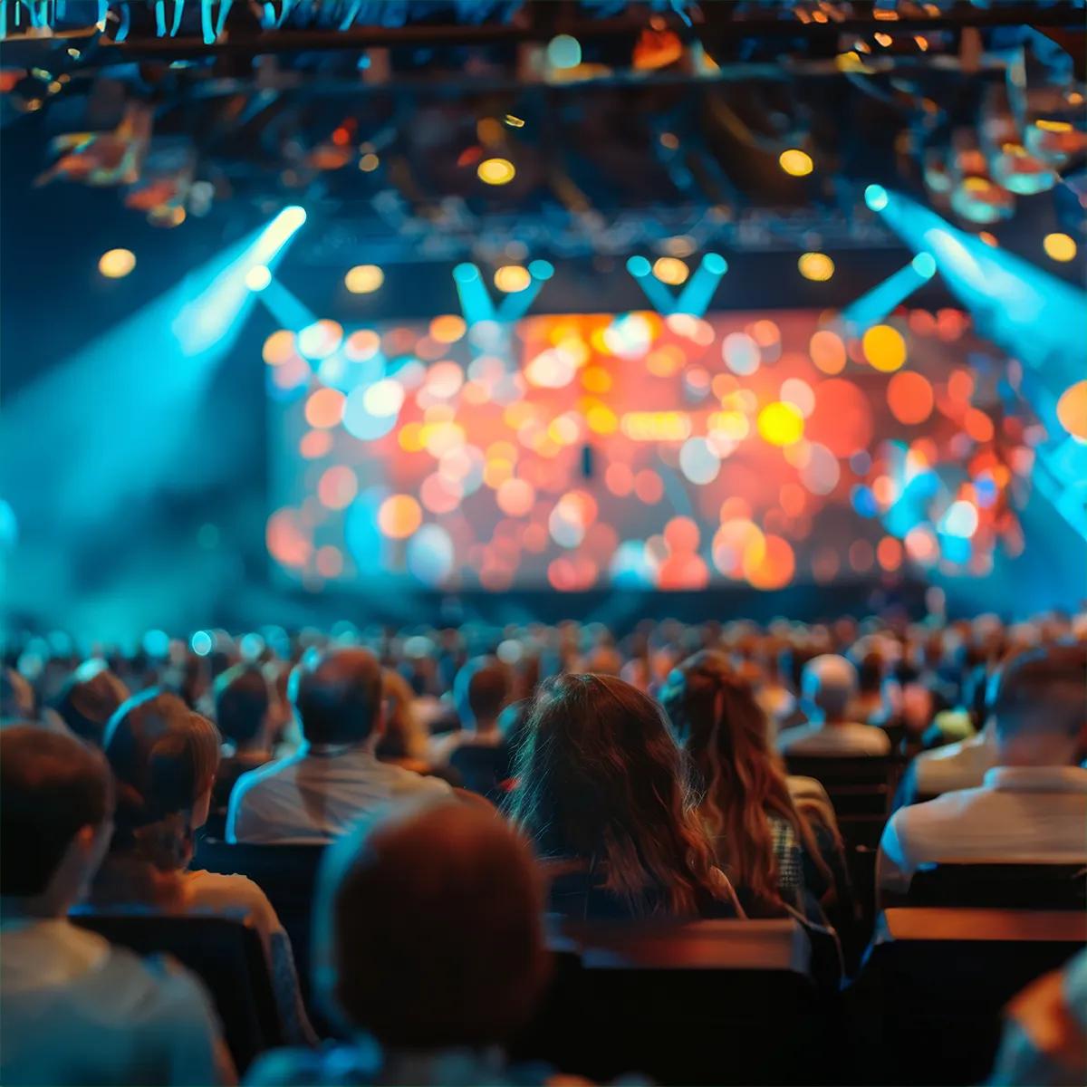 A large audience sits in a theater facing a brightly lit stage with colorful, out-of-focus lights and abstract patterns, creating a lively and energetic atmosphere perfect for an engaging event science experience.