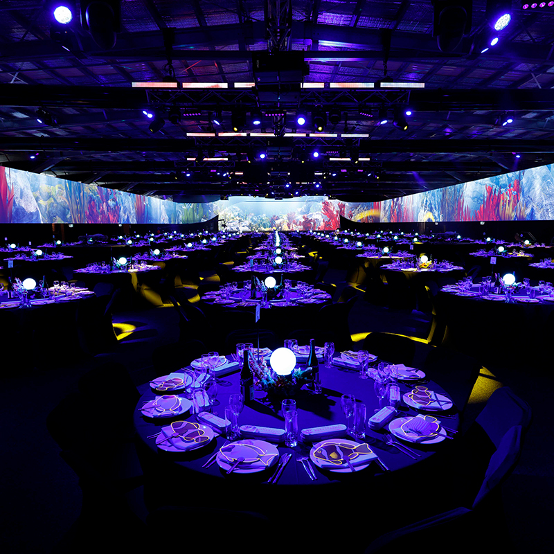 A large, elegant banquet hall with round tables set for dinner, each featuring a glowing centerpiece. Colorful, aquatic-themed projections by Encore Cairns light up the walls, creating a vibrant, immersive atmosphere.