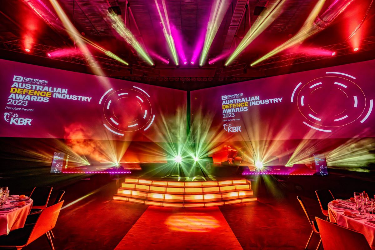 Brightly lit stage with colorful spotlights and smoke effects, featuring two large circular screens reading ADIA 2023 in a dramatic, vibrant event setting, with empty round tables in the foreground.