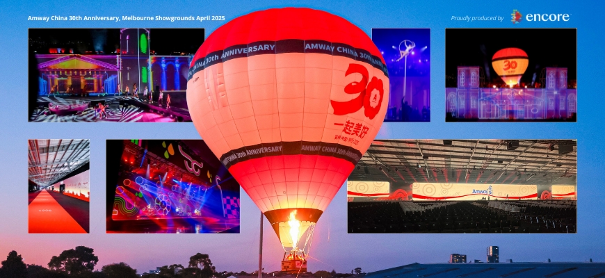 A large hot air balloon with 30 and Amway China branding is centered, surrounded by scenes of colorful event lighting, stage setups, and digital projections at the Melbourne Showgrounds, celebrating Amway China’s 30th anniversary.