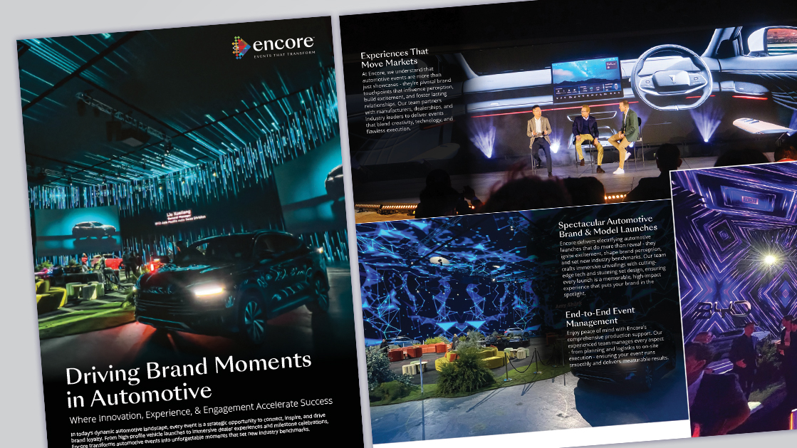 A collage of magazine pages features images of automotive events that perform, including a car under dramatic lighting, a stage with trusted partners speaking in front of a dashboard screen, and immersive event displays with vibrant lighting effects.