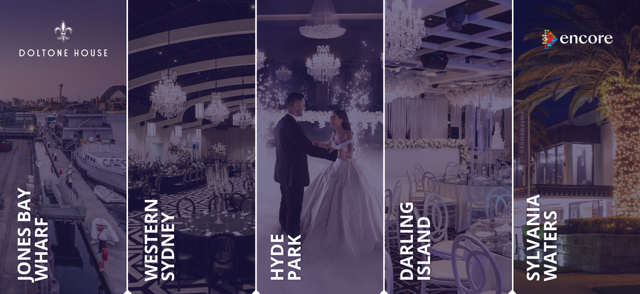 A promotional image for Doltone House Group, showcasing elegant event spaces at Jones Bay Wharf, Western Sydney, Hyde Park, Darling Island, and Sylvania Waters as they and Encore announce an exciting new partnership to elevate Sydney’s premier event venues.