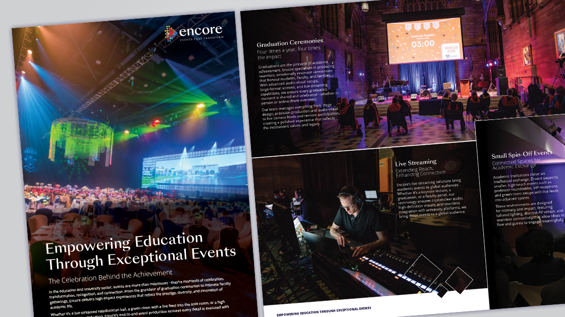 A two-page magazine spread features colorful images of event production, including stage lighting, a graduation ceremony, and a technician operating equipment, with text about empowering education through events that perform.