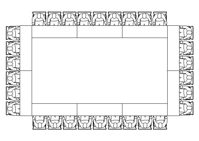 A rectangular table with a seating style featuring 20 chairs arranged around it—five chairs on each long side and five on each short end—viewed from above.