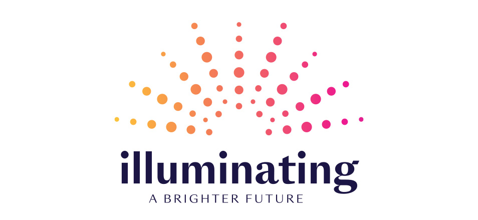 Logo with the word illuminating in bold, dark font. Above it, colored dots arranged in radiating arcs from orange to pink. Below, the tagline reads A BRIGHTER FUTURE in purple capital letters.