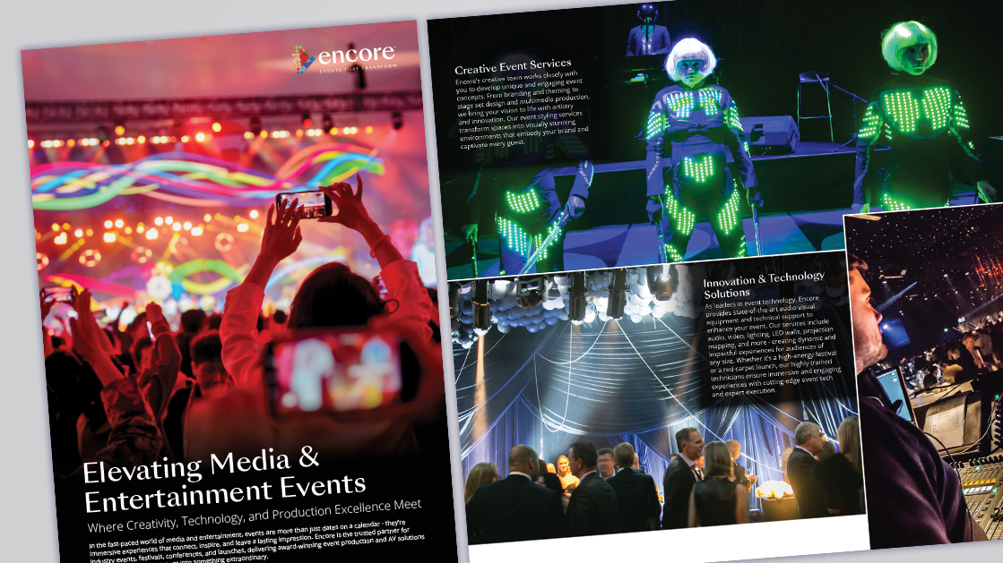 A collage of event scenes: a crowd at a colorful light show, performers in LED suits, people mingling under decorative lights, and a technician with audio-visual gear. Text highlights events that perform and partners you can trust for creative solutions.