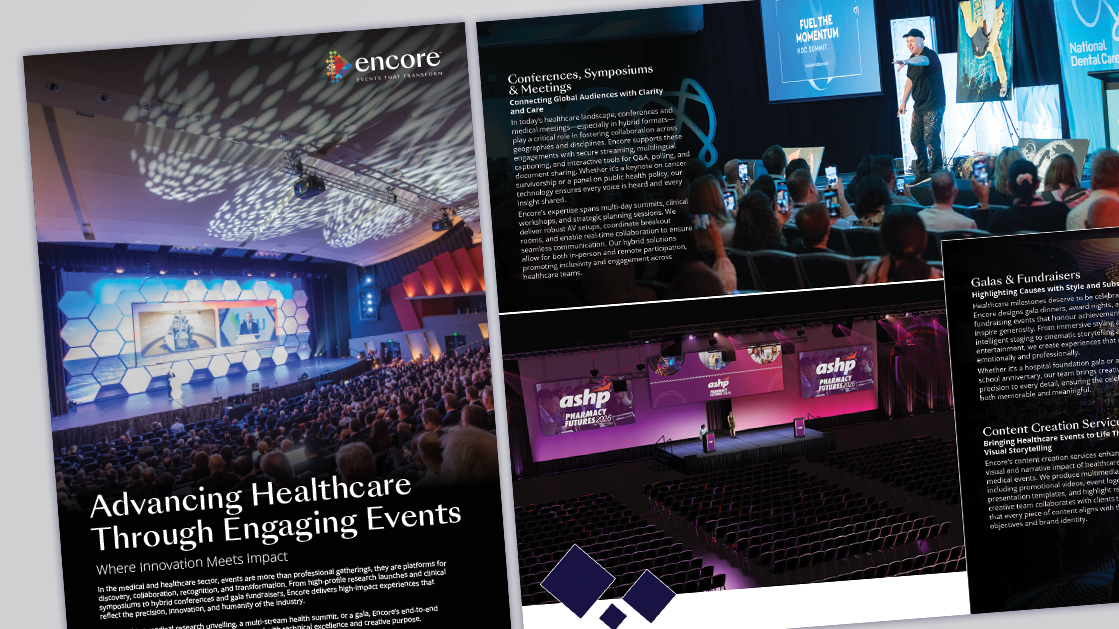 A collage of images and text promotes Encore’s healthcare event services, featuring modern stages, large audiences, colorful lighting, and the headline “Advancing Healthcare Through Engaging Events that Perform.”.