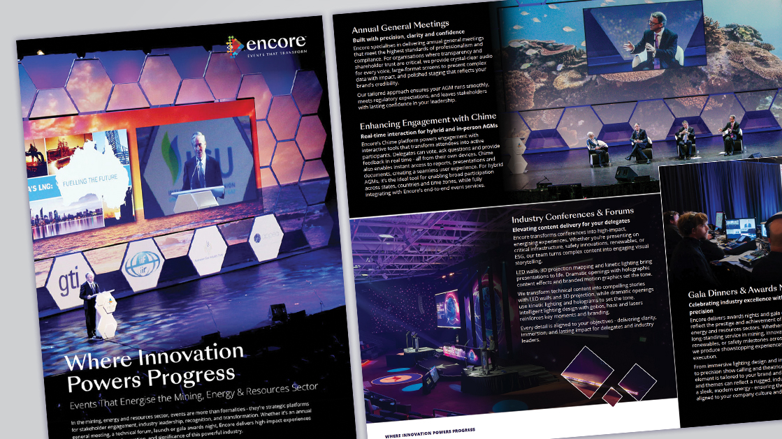 A magazine spread features a cover with a stage presentation and audience, plus inside pages with panels of speakers, event highlights, and visuals from conferences—showcasing events that perform in the mining, energy, and resources sector.