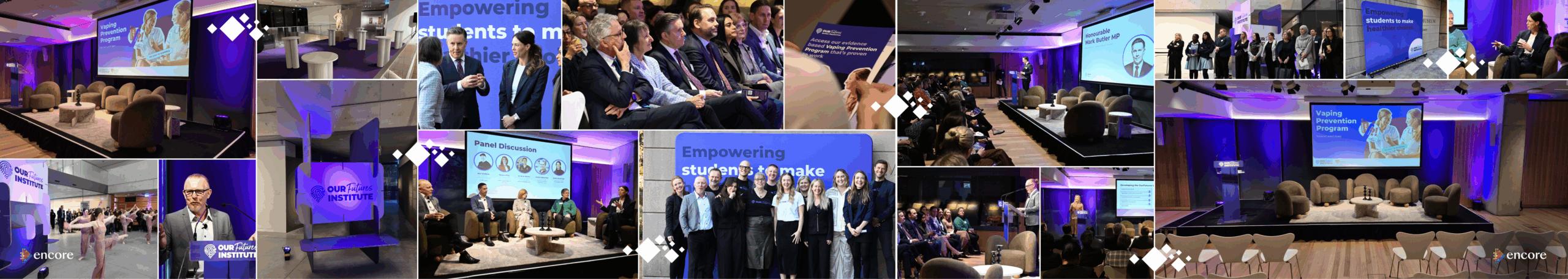 ADIA 2023의 이미지 콜라주는 보라색 조명으로 꾸며진 행사장에서 연사, 프레젠테이션, 청중, 패널 토론, 이벤트 브랜딩, 현대적인 좌석 배치 등을 선보입니다.