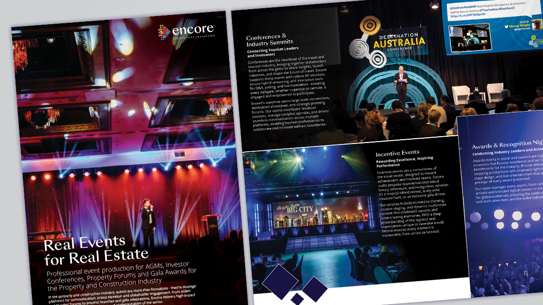 A collage of glossy event brochures featuring conferences, awards, and stage productions, with text promoting event production services for real estate and industry summits—events that perform from partners you can trust.