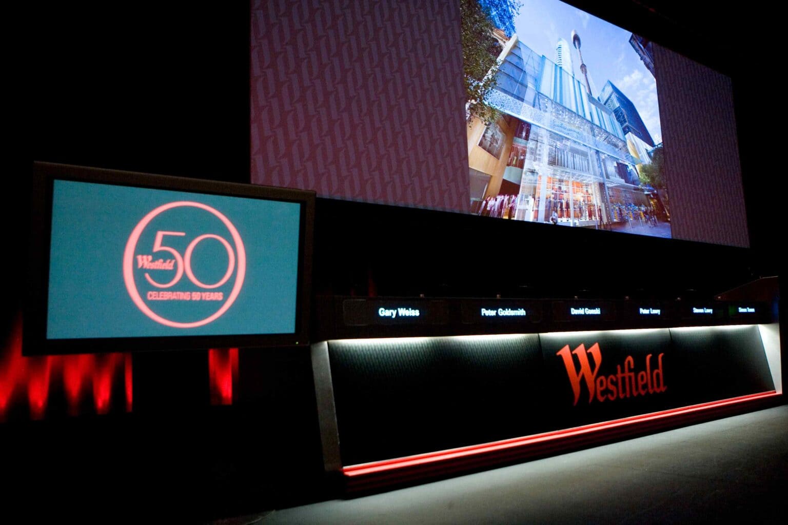 A stage setup with a large screen displaying a modern building, a side monitor showing Westfield 50 Celebrating 50 Years, and a desk with nameplates and the Westfield logo, all in a dimly lit auditorium.
