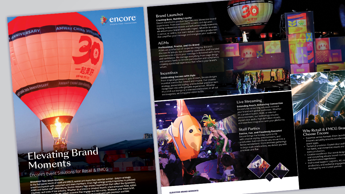 A magazine spread featuring a hot air balloon with 30 Anniversary text, colorful event photos, and stories about events that perform—showcasing why Encore are the partners you can trust for launches, live streaming, incentives, and staff parties.