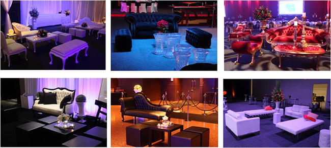 Six images of elegant event lounge setups featuring various seating styles with sofas, armchairs, and coffee tables, arranged in different colored lighting and décor, creating sophisticated and inviting seating areas for guests.