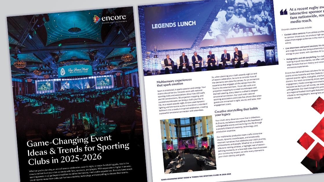 Two magazine pages feature events that perform for sporting clubs. The left page shows a conference in a grand ballroom, while the right showcases a panel discussion and smaller event images, with text and graphics throughout from partners you can trust.