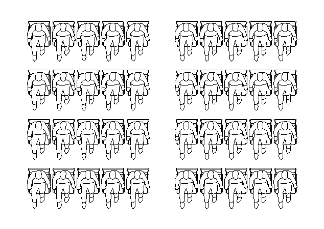 20 名自行車手編隊騎行的線條圖,分為四組,每組五人。每組都排成一排,顯示自上而下的視圖,騎手彼此緊緊地位於彼此身後。