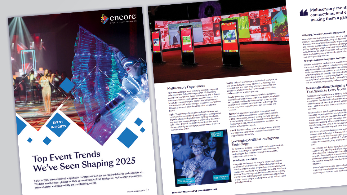 An open magazine spread features an article titled “Top Event Trends We’ve Seen Shaping 2025,” with colorful event and technology images, geometric graphics, and text on AI, multisensory experiences, and partners you can trust for events that perform.