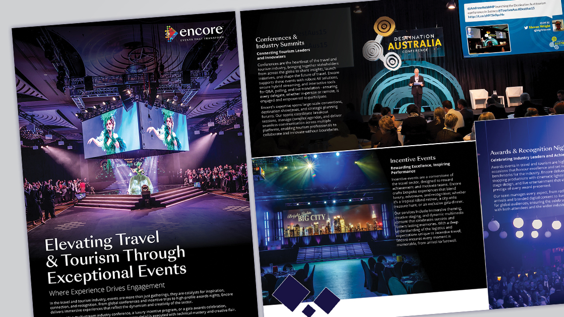 A collage of event brochures showing staged presentations, conference speakers, and vibrant lighting effects. Text highlights the role of events that perform and partners you can trust in travel and tourism, with images of large audience gatherings and decorated venues.