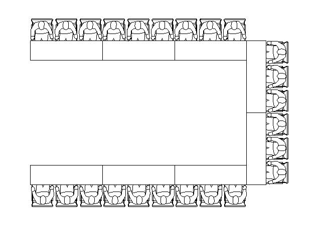 A rectangular conference table layout with a U-shape seating style, featuring 8 chairs on each long side and 5 on each short end, all arranged along the outside.