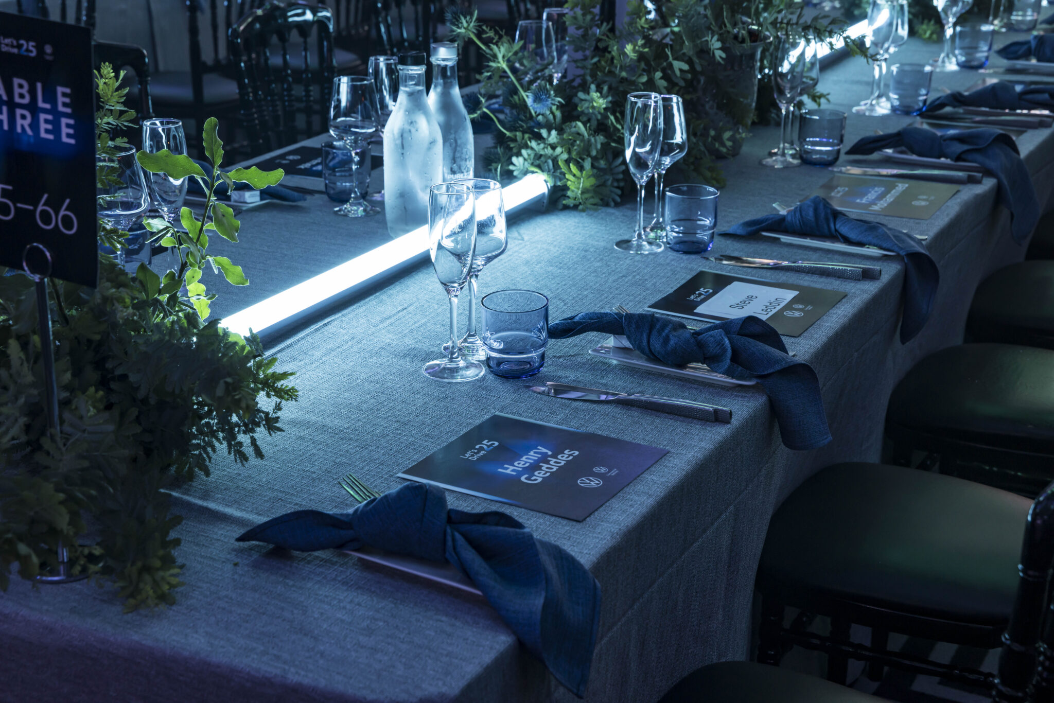 A long table set for a formal event with place cards, blue napkins, glasses, cutlery, green foliage centerpieces, and a blue light strip running down the middle.