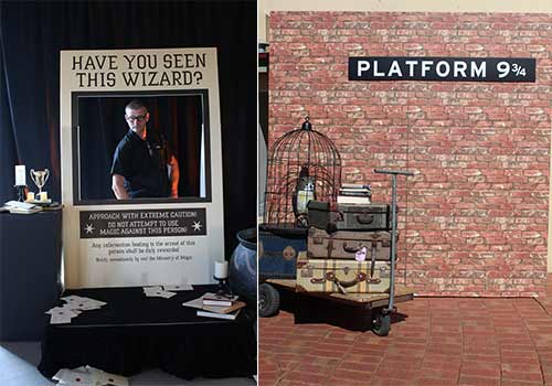 A split image: on the left, a man poses behind a Have You Seen This Wizard? Harry Potter photo board; on the right, a trolley with suitcases and a birdcage stands by a Platform 9¾ backdrop—perfect inspiration for designing event media walls.