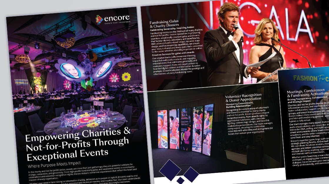 A collage of brochures features a decorated banquet hall, a man and woman speaking on stage with microphones, and charity events—highlighting services for empowering charities with partners you can trust through events that perform.