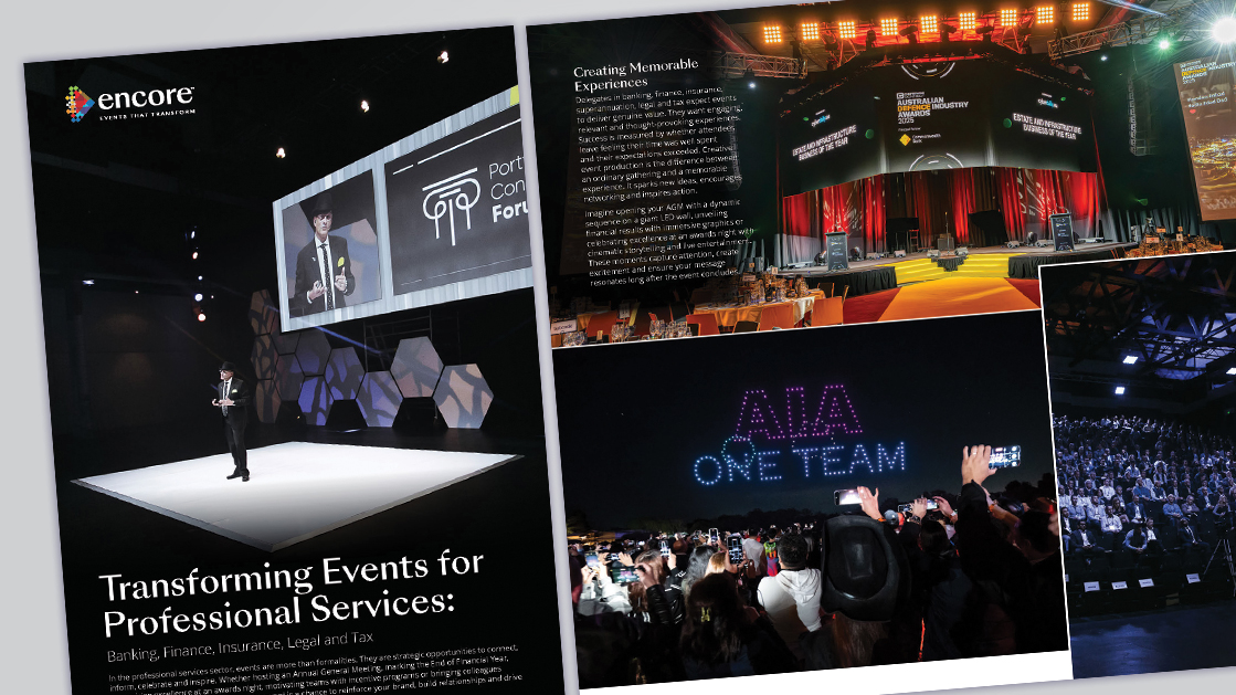 A collage of professional event photos: a speaker on stage, a decorated hall with red lighting, an audience watching a drone show spelling AIA ONE TEAM, and groups attending large presentations—highlighting events that perform success with partners you can trust.