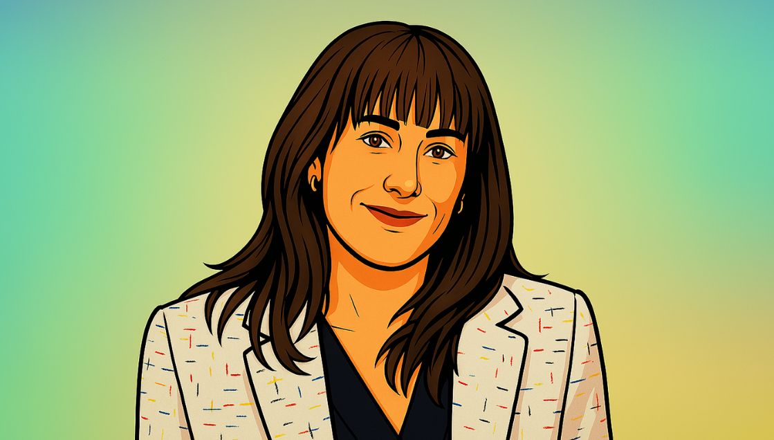 An illustrated portrait of a woman with long brown hair and bangs, wearing a light-colored blazer with a dark top, set against a soft green and yellow gradient background—perfect for showcasing an Encore XP Lab or AIME 2026 profile.
