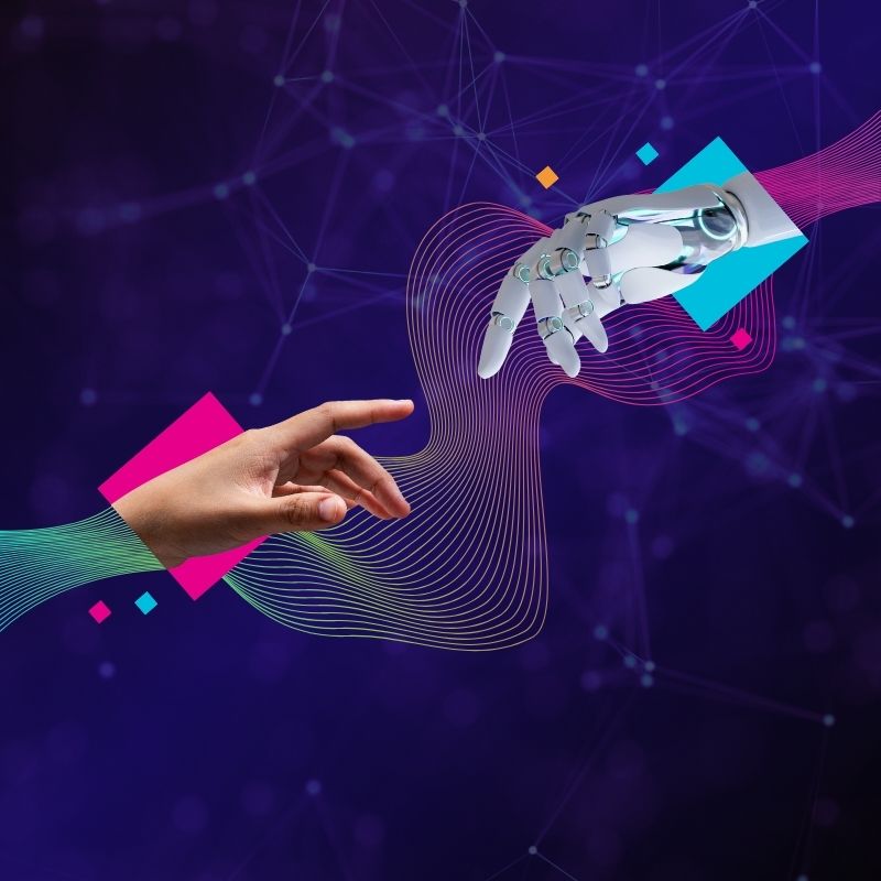 A human hand and a robotic hand reach toward each other, nearly touching, with colorful digital lines and geometric shapes against a dark, abstract background.
