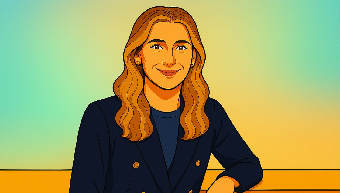 An illustrated person with long, wavy light brown hair, wearing a dark blazer over a shirt, sits with one arm resting on a surface, smiling against a gradient yellow and teal background—capturing the spirit of AIME 2026.