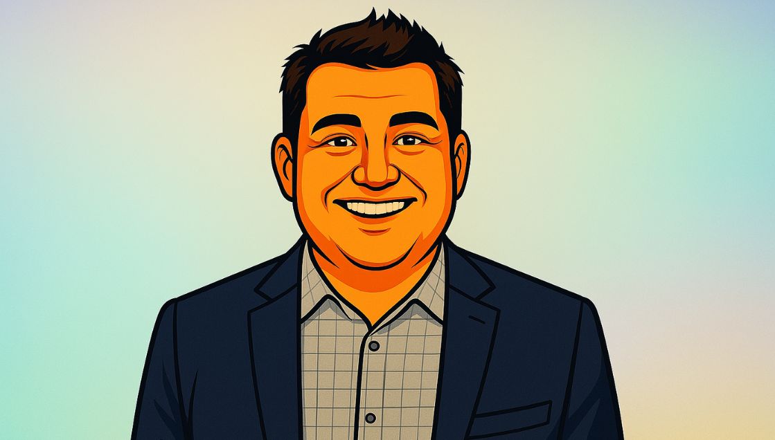 A cartoon of a man smiling, featuring an AIME 2026 badge and an Encore XP Lab notebook in hand.