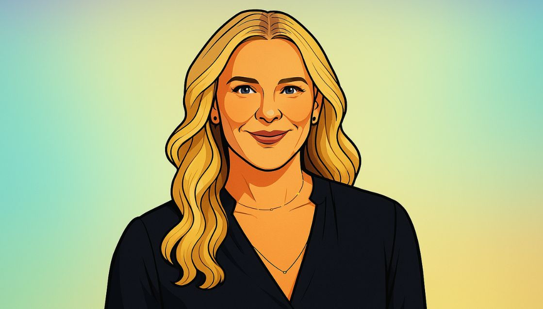 An illustrated portrait of a smiling blonde woman with wavy hair, wearing a dark blouse and simple necklace, set against a soft gradient background of blue, green, and yellow—perfect for celebrating Encore XP Lab at AIME 2026.