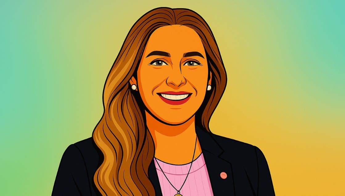 Illustration of a smiling woman with long, wavy brown hair, wearing a black blazer over a pink top and necklace, set against a green and yellow gradient background, created for the AIME 2026 Encore XP Lab.